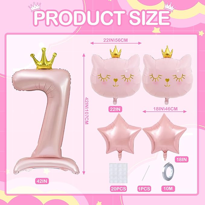 Pink Cat Balloon Set, Crown Cat Foil Balloon, 7 Year Old Girl Birthday Party Decoration,Theme Party Supplies for Girls Kitten Pet Cat (7)