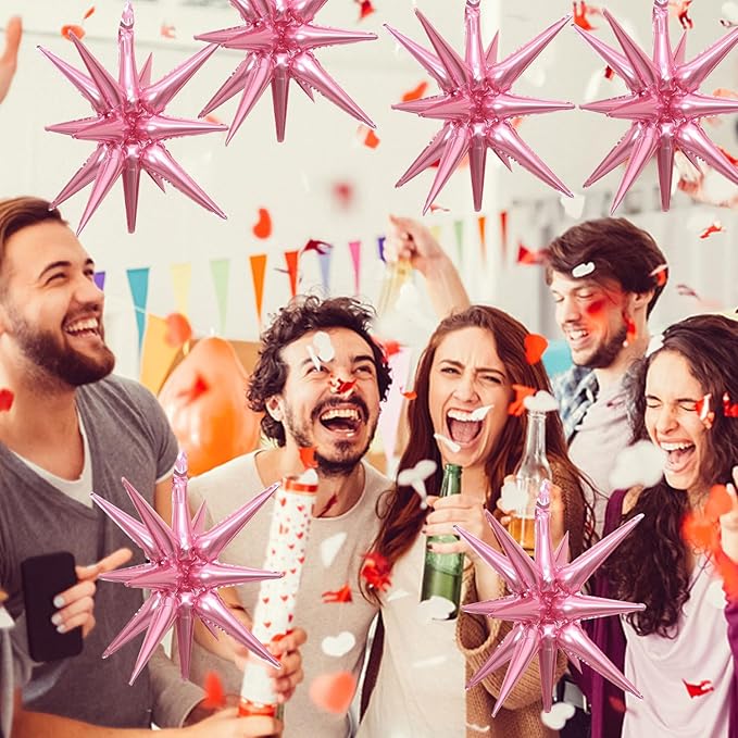 6 Pcs Silver Star Foil Balloons One-Piece 14-Pointed Star Balloon 4D Starburst Cone Mylar Balloon 22inch Christmas Birthday Wedding Wedding Anniversary Party Supplies (Pink)