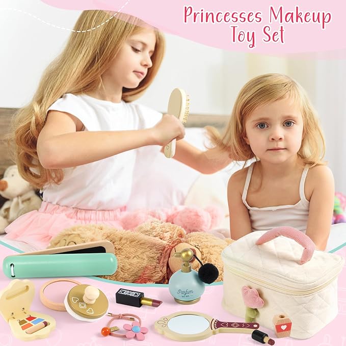 Atoylink Wooden Makeup Toy Set, 15Pcs Hair Salon Girl Toys Toddler Pretend Play Makeup Kit with Plush Makeup Bag Princess Beauty Realistic Accessories for Girls Age 3 4 5 6 Birthday Gifts