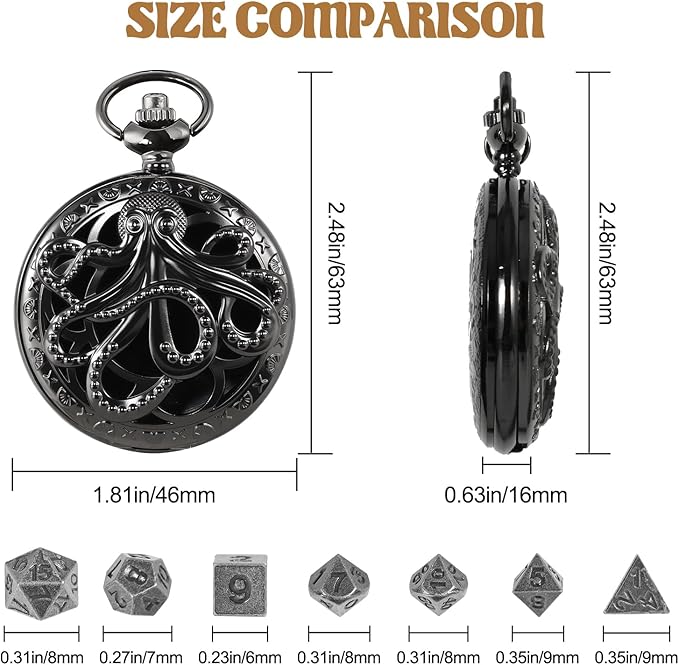 D&D Dice Set,7PCS Metal Dice for Dungeons and Dragons,Mini Dice Set with Pocket Watch Case,Role Playing Board Games Accessories (Octopus, Black)