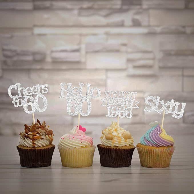 Ephlyn 24Pcs Happy 60th Birthday Cupcake Toppers Glitter Straight Outta 1966 Cupcake Picks Hello 60 Cheers to 60 Years Birthday Cake Decorations for 60th Birthday Anniversary Party Supplies Silver