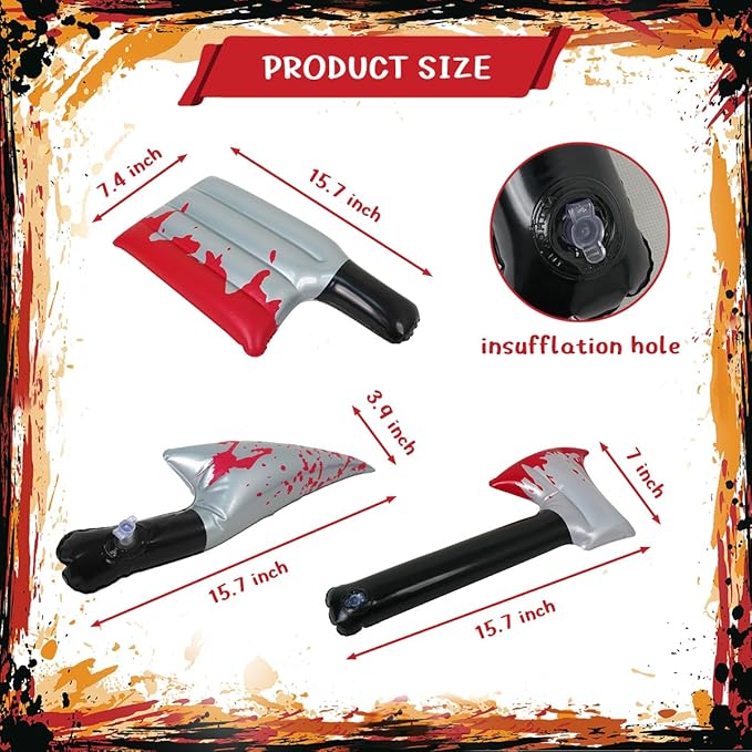 3Pcs Bloody Halloween Inflatable Weapons Prop,Bloody Knife Halloween Prop Set,Realistic Looking Prank Toy,Halloween Cosplay Horror Party Supplies