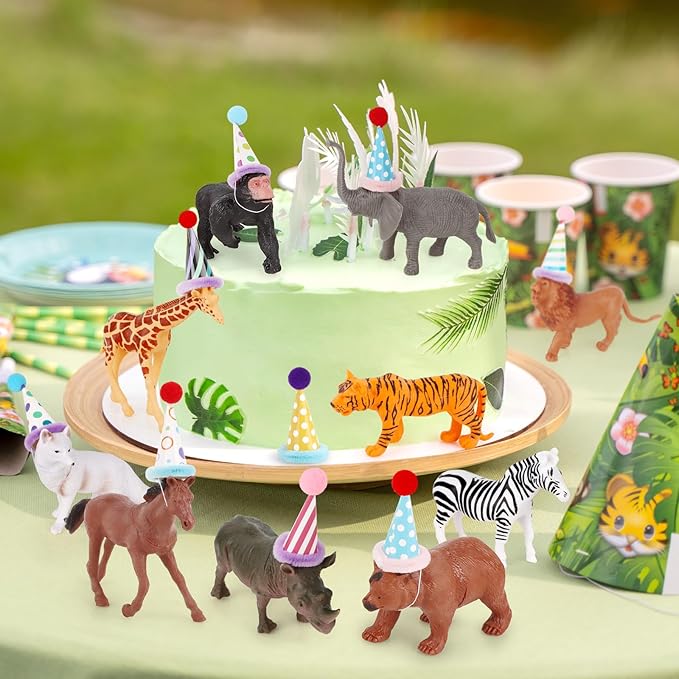 Hooqict 20 Pcs Jungle Animal Birthday Party Decorations Safari Animals Figures with Mini Birthday Hats Animal Cake Toppers for Kids Safari Cake Decorations Wild Zoo Themed Party Decorations