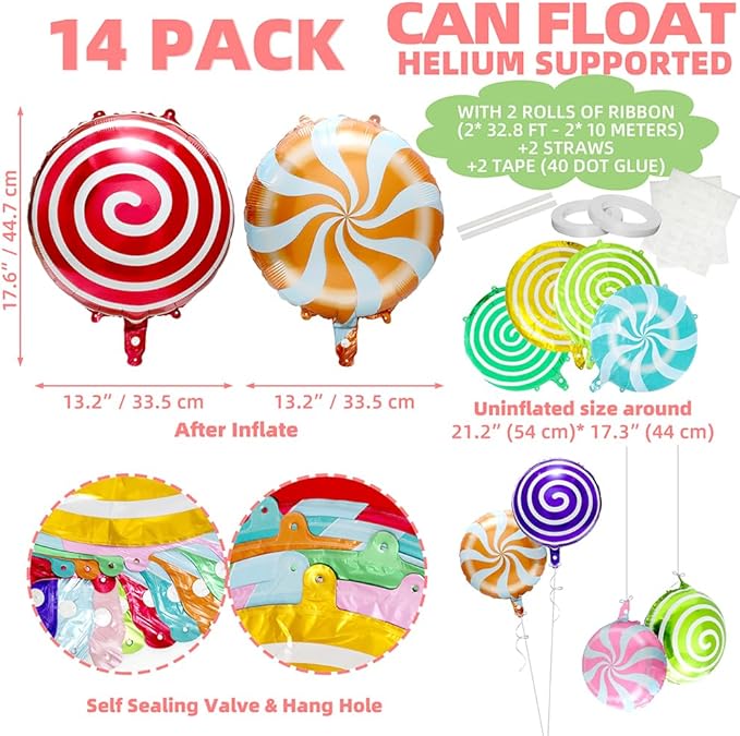 Round Lollipop Balloon Sweet Candies Lollipop Party Decorations For Birthday Thanksgiving Baby Shower Wedding, 14 Pack Colorful Windmill Lollipop Balloons Dessert Food Swirl Candyland Party Supplies