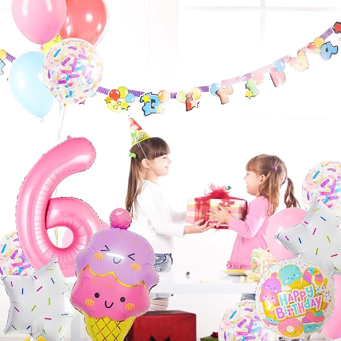 Pink Ice Cream Balloons, Number 6 Balloon, 6 Year Old Girl Birthday Decorations, Ice Cream Balloon for Girls Birthday Party Decoration (6)
