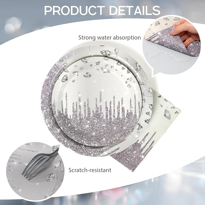 96Pcs Silver Diamonds Plates Party Supplies Glitter Paper Plates and Napkins and Forks Baby Shower Kids Birthday Party Decorations, Serves 24