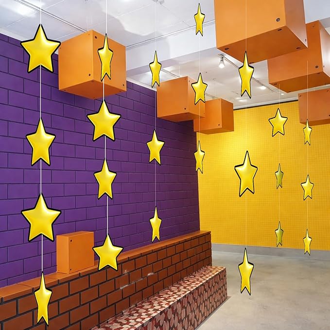 Epakh 24 Pcs Super Themed Party Decorations Hanging Birthday Party Decoration Gold Video Game Theme Ornaments Banners for Baby Shower Favors Super Game Room Home Supplies(Star)