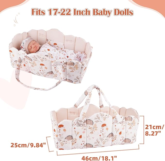 BABESIDE 3 Pcs Baby Doll Bassinet with Doll Bedding Set for 17-22 Inch Babydolls, Cute Animal Print Baby Dolls Crib with Blanket for Reborn Baby Doll Accessories, Off-White