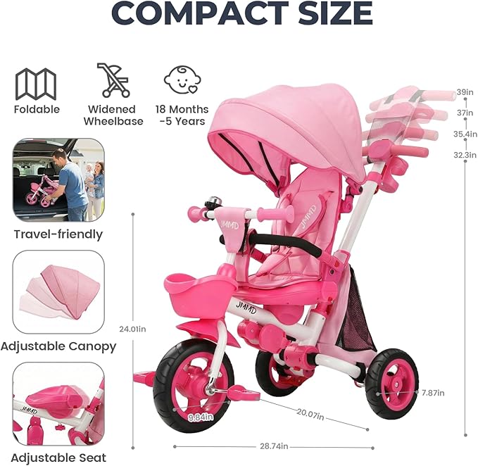 JMMD 8 in 1 Tricycle Stroller with Push Handle, Foldable Trike with 360° Swivel Seat, Reclining Backrest, All-Terrain Wheels, Dual Brakes, Canopy & Storage, Gift for Kids 18 Months to 5 Years, Pink