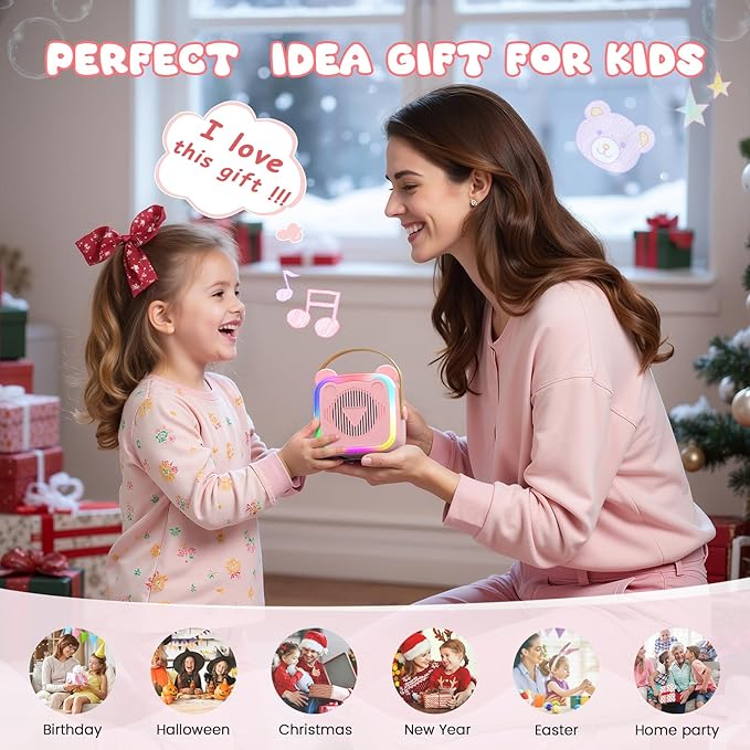 Mini Karaoke Machine for Kids,Portable Bluetooth Speaker with 2 Microphones,Music Player for Singing and Party,Ideas Birthday Toys Gifts for Girls Boys 3,4,5,6,7,8,9,10,11,12+ Years Old (Pink)
