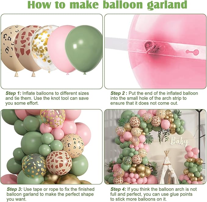 Amandir 170Pcs Jungle Safari Balloons Garland Arch Kit Animal Printed Pink Sage Green Balloons Wild One Giraffe Leopard Safari Baby Shower Decorations for Girl Birthday Party Supplies