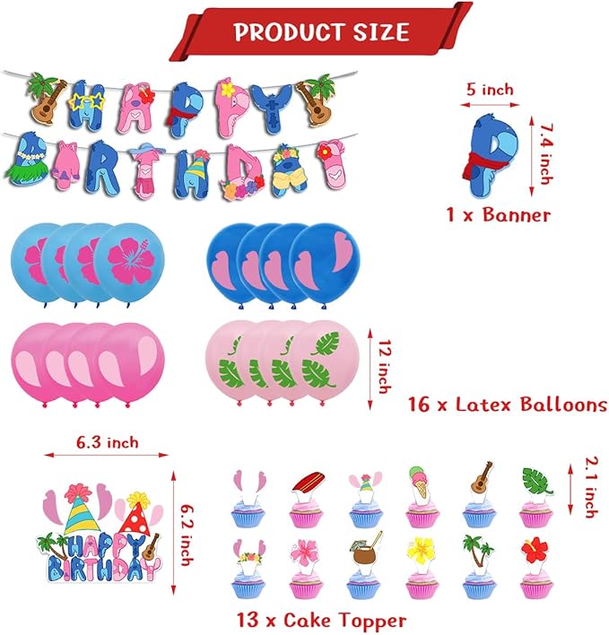 Cartoon Party Decorations, Blue Luau Birthday Banners, Palm Leaves Balloons,Cake Toppers