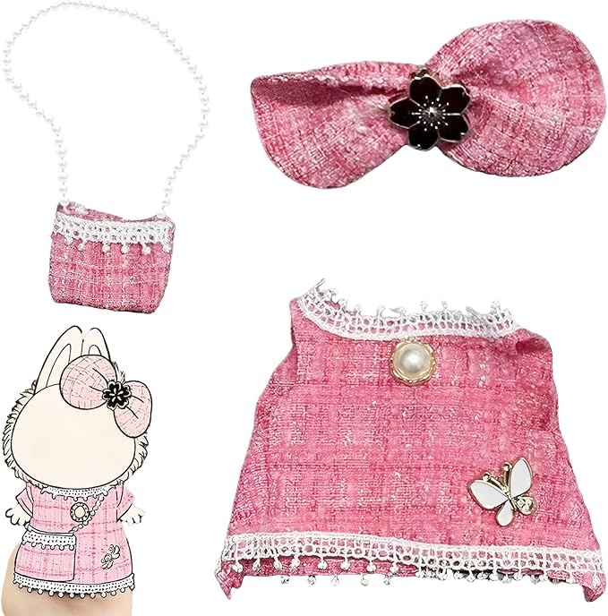 Luxury Fashion Set for 17cm Doll - Pink Plaid Tweed Dress + Plaid Bow + Backpack