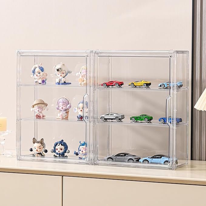 4 Pack 3 Tier Clear Display Case for Figures, Wall-Mounted Acrylic Storage Organizer Box, Stackable Display Cabinet with Magnetic Door & Removable Shelves, Showcase for Collectibles, Figures