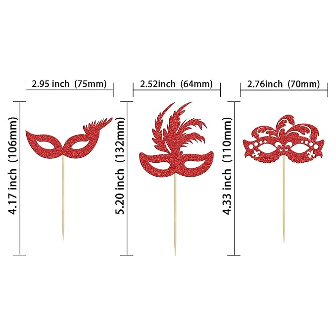 Gyufise 24Pcs Masquerade Masks Cupcake Toppers Red Glitter Bachelorette Mask Cupcake Topper Mask Cake Picks Decorations for Masquerade Mardi Gras Party Baby Shower Birthday Party Supplies