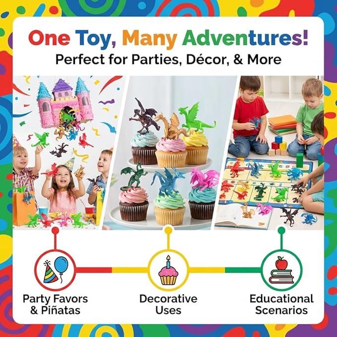 Bedwina Mini Dragon Toy Figures - (Bulk Pack 144) 2 Inch Plastic Rubbery Dragon Figurines in Assorted Colors and Styles - Kids Toys for Birthday Party Favors, Decorations, Cupcake Toppers and Piñatas