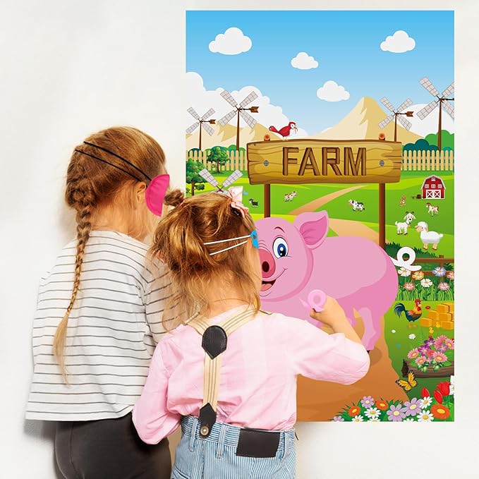 Hooqict Pin The Tail on The Pig Party Game Farm Birthday Party Games for Kids Farm Animal Party Decorations Pig Party Supplies, Large Pin The Tail Game Poster with 36 Tail Stickers