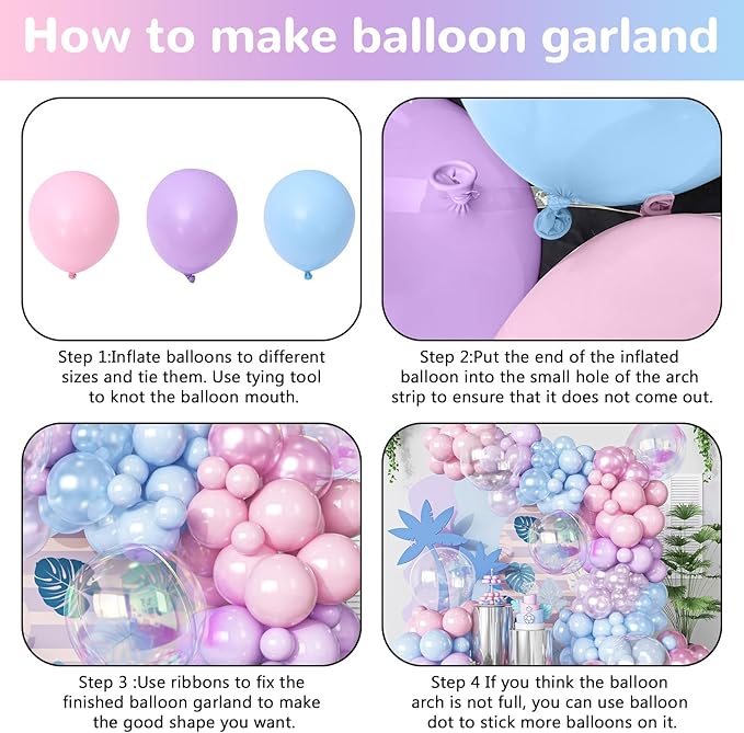 Pink Blue Purple Balloons Arch Kit Iridesent Balloons Clear Balloon Pastel Pearl Pink Purple Lavender Blue Balloon Garland for Girl Gender Reveal Hawaii Birthday Baby Shower Mermaid Party Decor