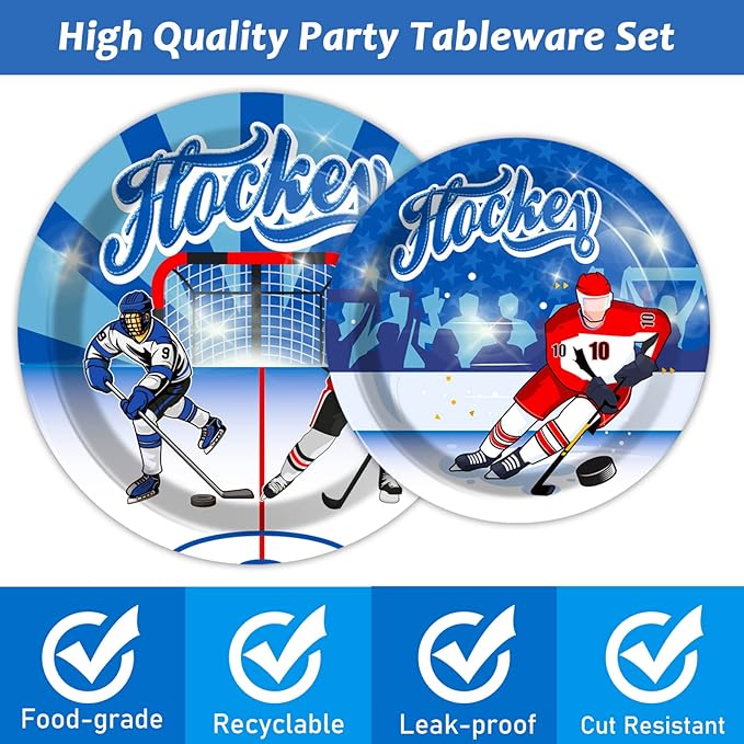 Wiooffen 96pcs Hockey Party Supplies Ice Hockey Birthday Party Plates Napkins Set Disposable Tableware Kit Birthday Party Sport Events Decorations Favors for Kids, Serve 24