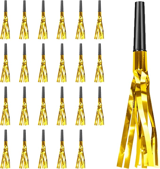 Gold New Years Noise Makers 24 PCS Glitter NYE Party Blowers Blowouts New Years Eve Games Favors Supplies Birthday Pep Rally for Adult Prank Graduation Sporting Events Horns Noisemakers Accessories