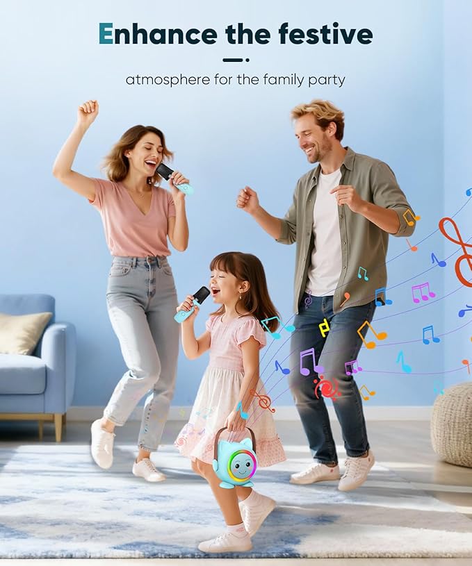 Mini Karaoke Machine Toy for Kids, Portable Karaoke Machine with 2 Wireless Microphone for 4,5,6,7,8,9,10,11,12+ Years Old Christmas Birthday Gifts Girls Boys (Blue)