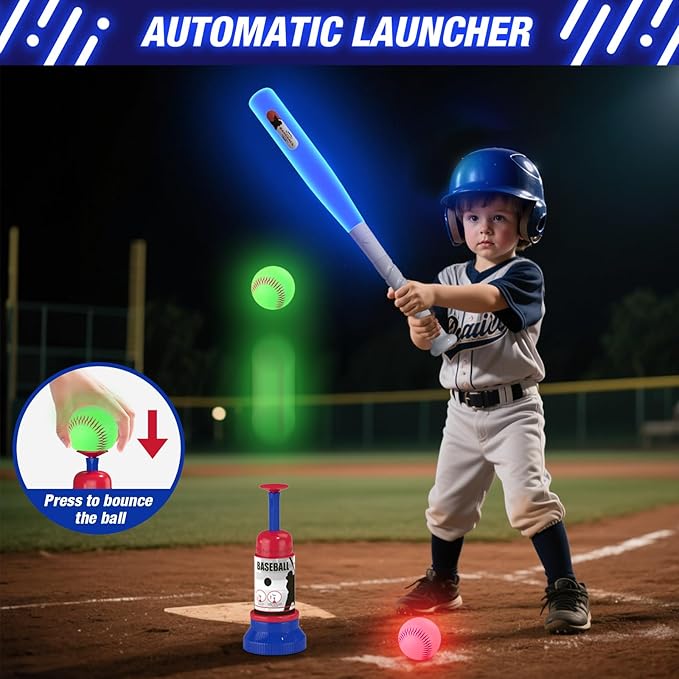 3-in-1 LED Baseball Set for Kids 3-5 - Tee Ball Stand, Hanging Tee, Ball Launcher and 4 Softballs - Adjustable Height, Indoor/Outdoor Sport Gifts for Boys Girls, Blue