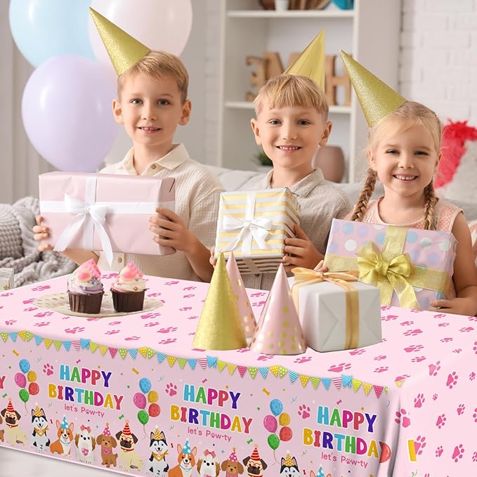 4 Pack Puppy Dog Tablecloth Pink Paw Print Table Cloth Disposable Rectangle Table Cover for Girls Kids Birthday Party Supplies, Puppy Pet Dog Themed Birthday Party Decorations
