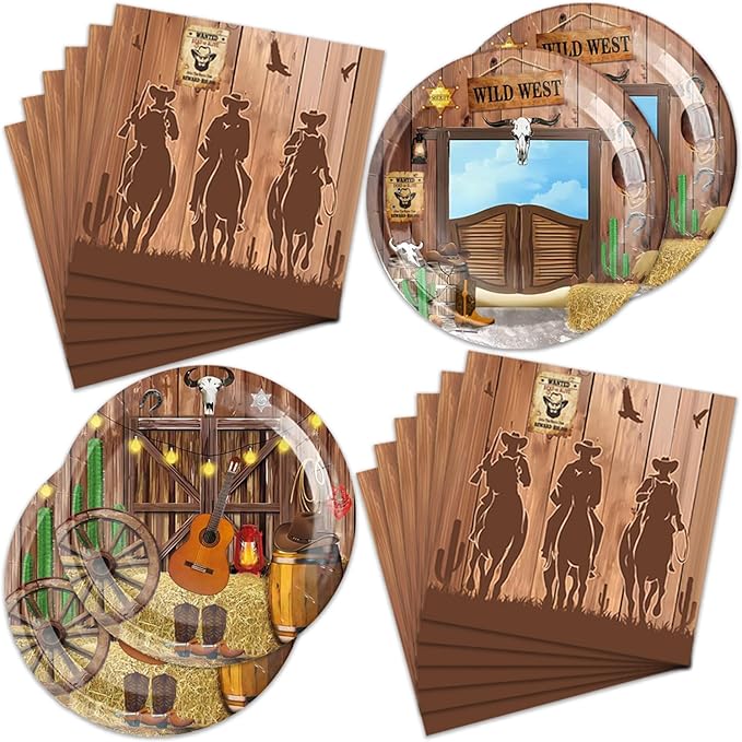 40Pcs Western Birthday Party Decorations Disposable Paper Plates and Napkin for Birthday Decor Western Farmhouse Baby Shower Tableware Set Supplies Cowboy Birthday Party Decorations