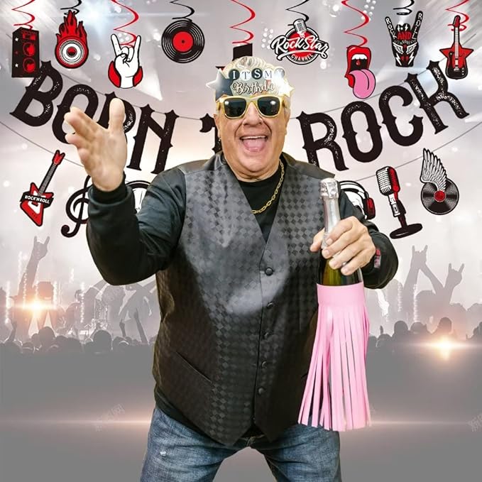 LARRAZABAL Rock and Roll Party Decorations Include Born to Rock Glitter Banner, Rock and Roll Hanging Swirls and Honeycomb Centerpieces for Birthday Baby Shower Party Supplies