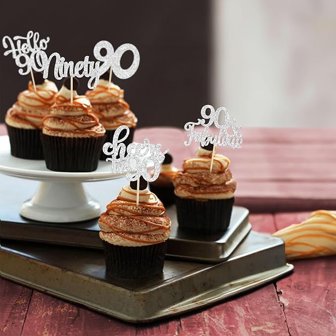 30pcs Happy 90th Birthday Cupcake Toppers - Silver Glitter Ninety Cheers to 90 Years Old Cupcake Picks for Anniversary Party Cake Decorations
