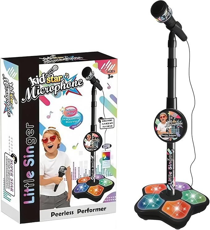 Kids Microphone with Stand, Karaoke Machine with Built-in Music & Echo Effects, Toddler Microphone with Colorful Lights for Girls & Boys, Portable Singing Toy (Black)