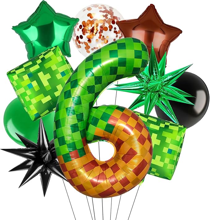 Green Pixel Miner Number 6 Foil Balloon Set 40 Inch Large Mylar Mining Theme Brown 6th Number Balloons Pixel Cubes Boxes Video Game Birthday Party Decorations 10Pcs
