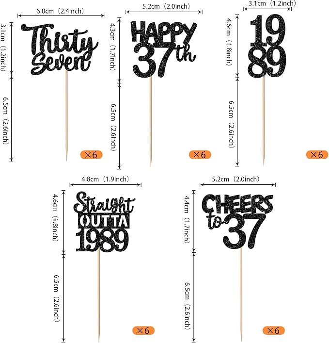 30PCS Black 37th Birthday Cupcake Toppers Glitter Thirty Seven Happy 37th Straight Outta 1989 Cupcake Picks for Cheers to 37 Years Birthday Wedding Anniversary Party Cake Decorations Supplies