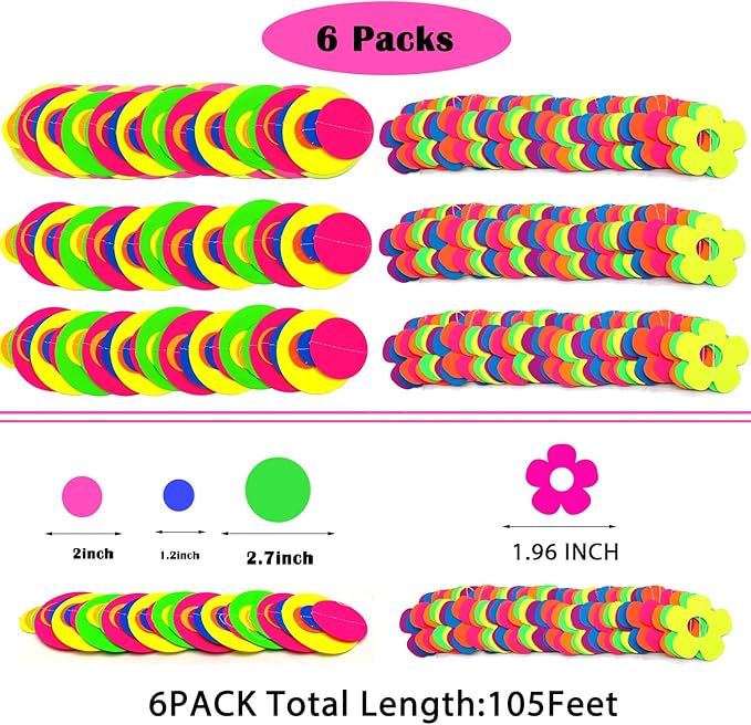 120 Feet Flower Dot Glow in The Dark Party Supplies and Decorations UV Neon Garland Streamers for Party Birthday Banner Black Light Neon Decorations for Dark Glow Party UV Reactive Neon Party Favors