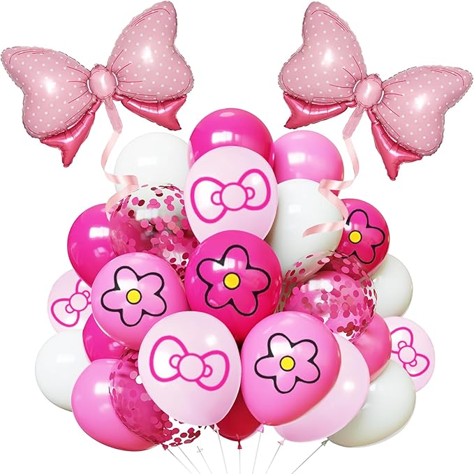 Pink Balloon 64Pcs 12 Inch，Cute Bow Flower Print Balloons for Cartoon Themed Birthday Party Decorations Boys Girls Gatherings Party Supplies