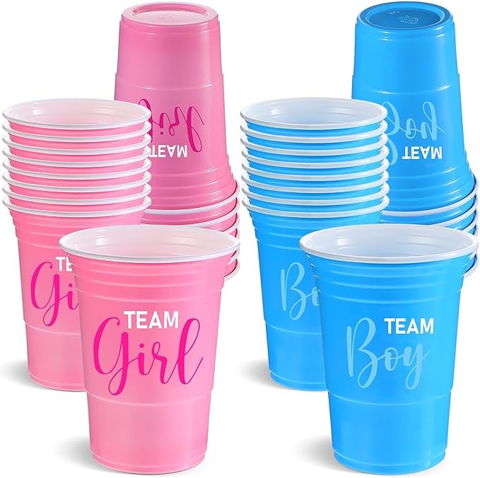Norme 30 Pcs Gender Reveal Plastic Cups Gender Reveal Party Supplies Team Boy Team Girl Disposable Blue Pink Cups for Beverage Drink Tableware (16 oz)