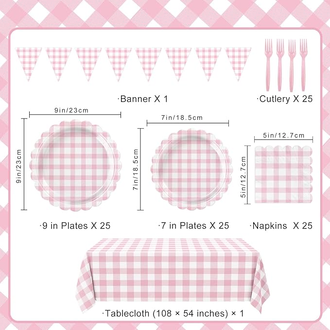 102 PCS Pink Gingham Party Supplies - Scalloped Plates, Napkins, Cups, Forks, Banner, Gingham Tablecloth for Baby Shower, Birthday, Pink Party Decorations, Serves 25