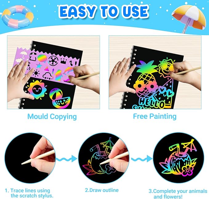 ZMLM 24 Pack Scratch Art Party Favors: Birthday Party Favors for Kids 4-8, Bulk Rainbow Scratch Notebook Paper Pads, Goodie Bags Stuffers Girls Boys Classroom Gifts Crafts Toys(Summer)