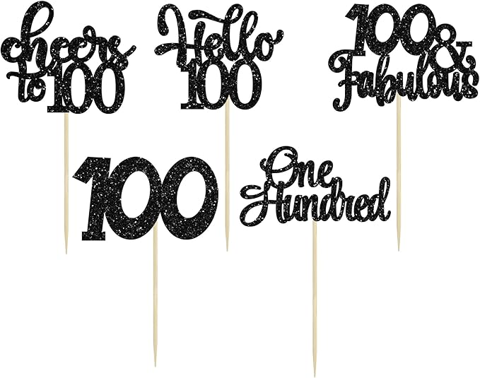 30pcs Happy 100th Birthday Cupcake Toppers - Black Glitter One Hundred Cheers to 100 Years Old Cupcake Picks for Anniversary Party Cake Decorations