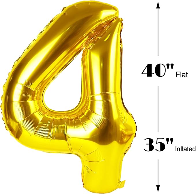 40 Inch Gold Large Number 4 Birthday Balloon, Giant Number Four 14 24 34 40 44 2024 Balloons, Foil Mylar Big Balloons for Anniversary Graduation Supplies Decorations