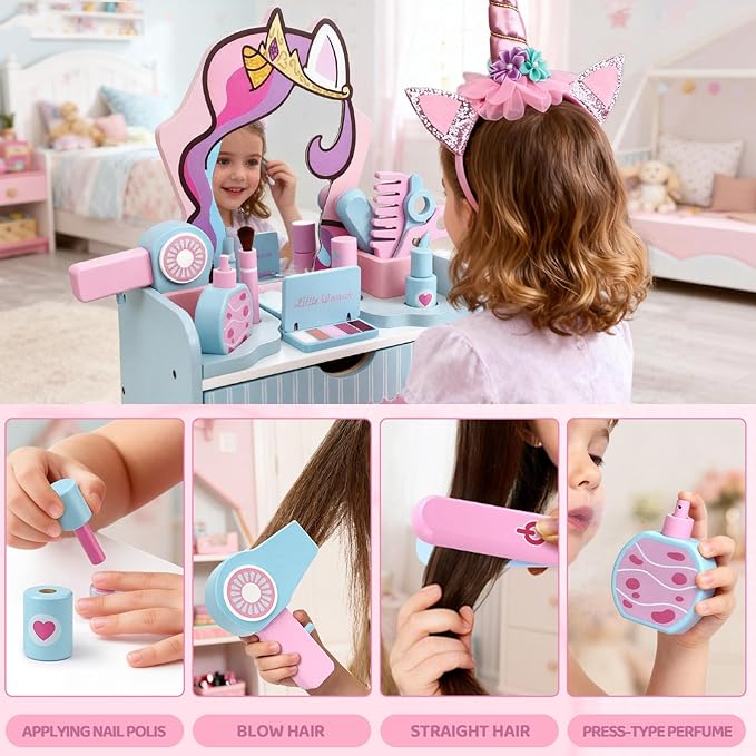 Atoylink Wooden Makeup Vanity Set for Girls, Unicorn Pretend Play Kids Table Toys with Mirror, Drawer, Hair Salon Set & Makeup Accessories, Gift About Princess Dress Up for Toddlers Aged 3, 4, 5-8