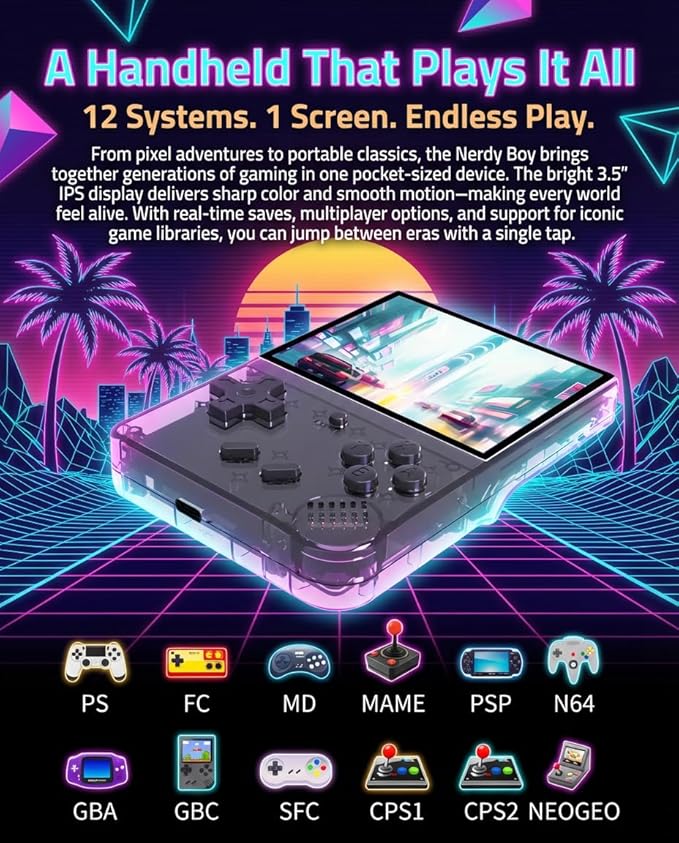 Nerdy Boy Retro Handheld Game Console – 3.5” IPS Screen, 64GB, Portable Emulator System with 12 Classic Platforms, 2000mAh Battery, AV Out – Retro Gaming Device (Classic Sand)