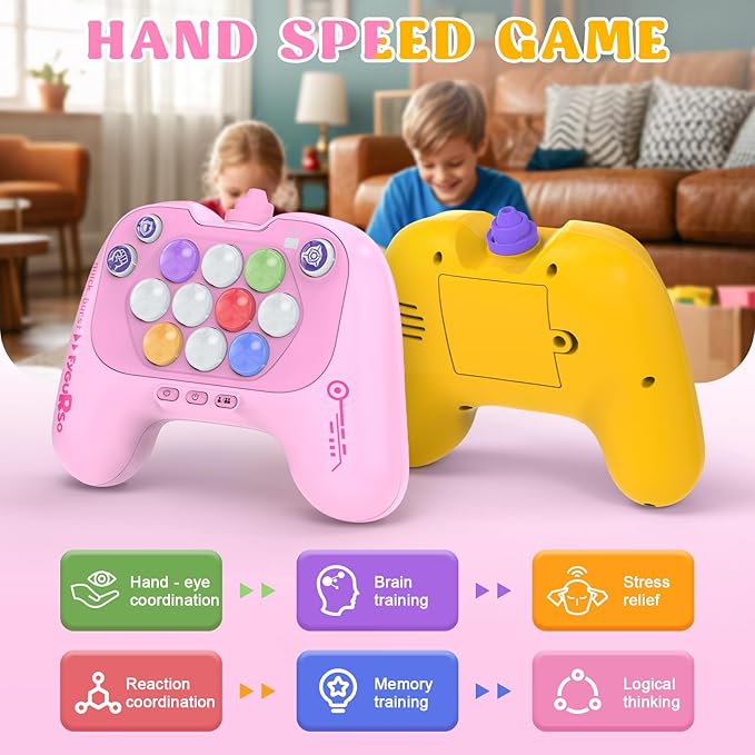 Handheld Speed Pushing Game Machine with Balloons 2-Player Fidget Game Light Up Quick Push Games Fast Push Puzzle Games Console for 8 9 10 11 12+ Years Old Kids Adults-Pink+Yellow