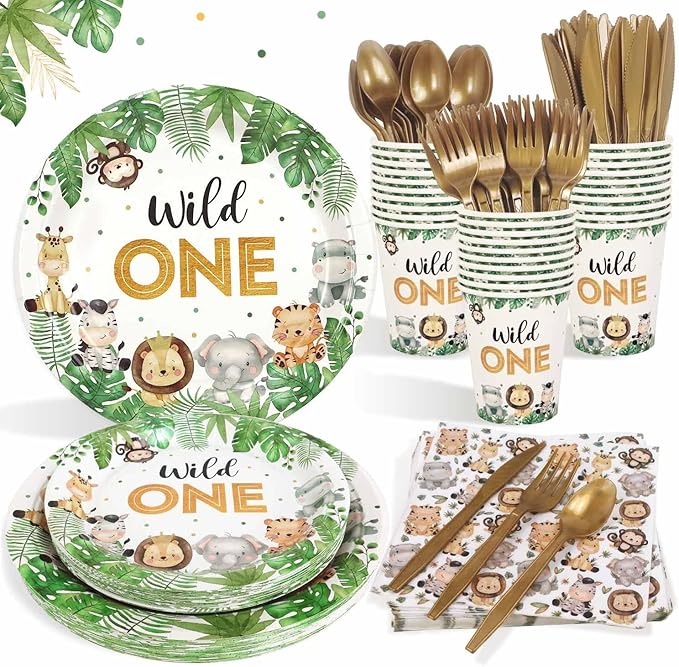175 Pcs Wild One Birthday Decorations Plates Set 25 Guests, Safari Jungle Baby Shower Theme Paper Plates Napkins Cups Cutlery Set Boys First 1st Party Supplies