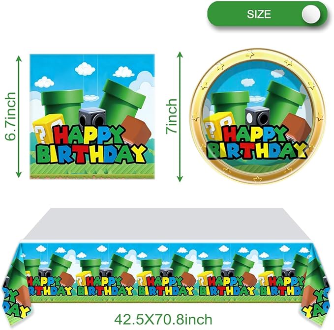 Super Bros Party Tableware, 20 Plates and 20 Napkins and Tablecloth71 '' x 42 ''Super Bros Birthday Party Decorate Supplies