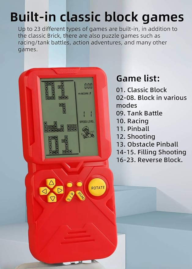 4.5-inch Block Retro Game Console Suitable for European/American Players Built-in 23 Games Racing/Tank war Adjustable Difficulty/Speed Gifts for Husbands/Boyfriends/Children Puzzle Toy (Red)