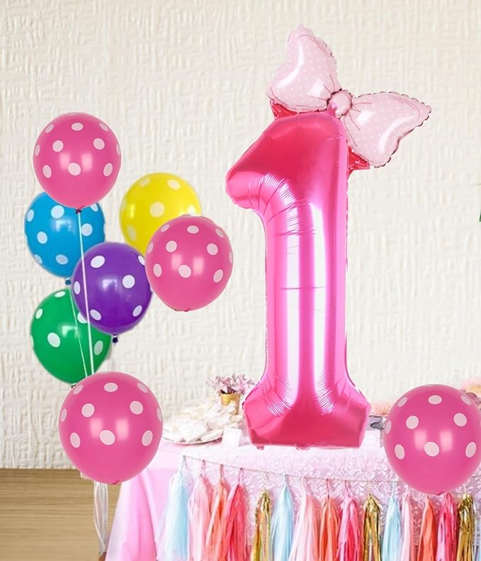 40 Inch Pink Number 1 Balloon with Mini Bow Balloon for Girls 1st Birthday Decorations, Pink Mouse Princess Western Cowgirl Theme Birthday Party Balloons Decorations Supplies