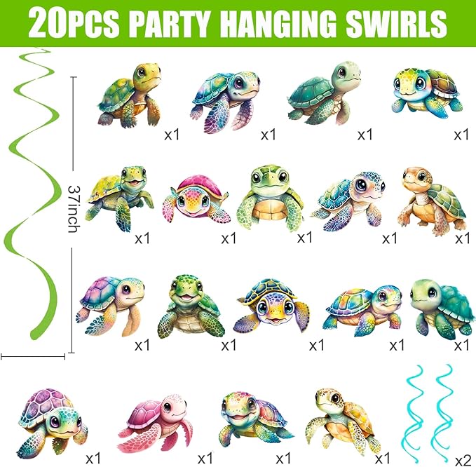 Turtle Party Hanging Swirls 20PCS Sea Turtle Theme Ceiling Swirls Decorations Turtle Birthday Party Supplies Turtles Hanging Streamers for Ocean Animals Baby Shower Decor