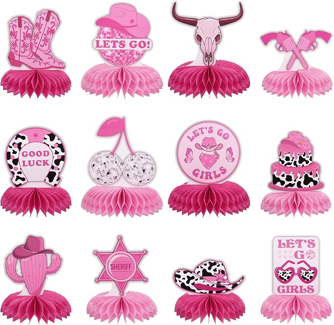 12 PCS Cowgirl Birthday Party Decorations Disco Cowgirl Bachelorette Party Decorations Let's Go Girls Honeycomb Centerpiece Table Decorations for Last Rodeo Bachelorette Western Party Supplies
