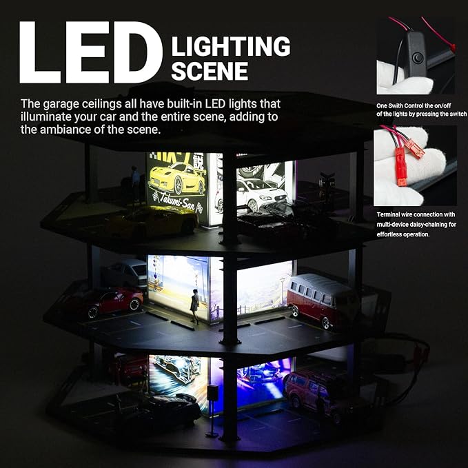 1/64 Scale Octagonal Building Style Display Case Car Garage Moldel with LED Light and Diecast Car Show Case 48 Parking 4th Floor